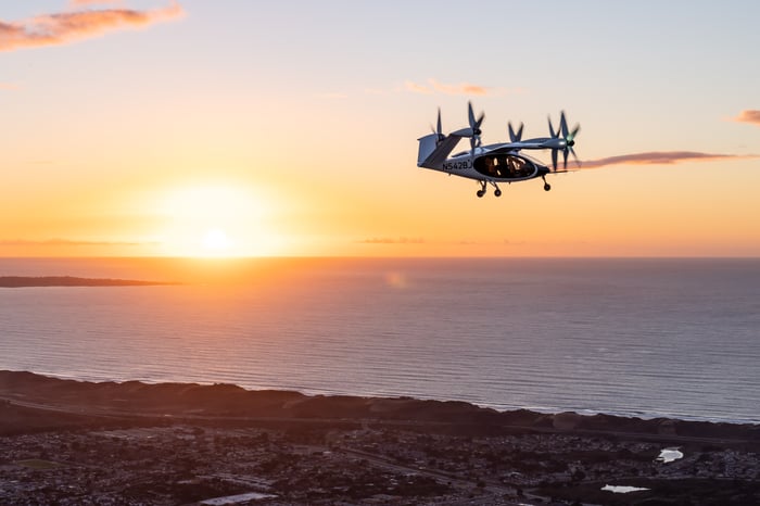 A Joby Aviation eVTOL aircraft flying.