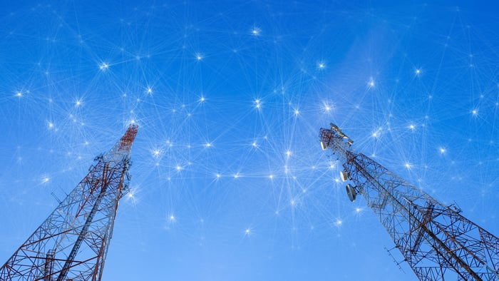 Two wireless towers which provide internet service.