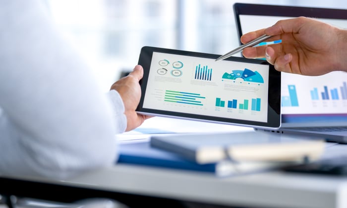 People looking at financial statements on a tablet.