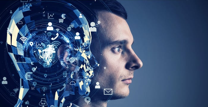 Futuristic image showing artificial intelligence concepts next to a person's face.