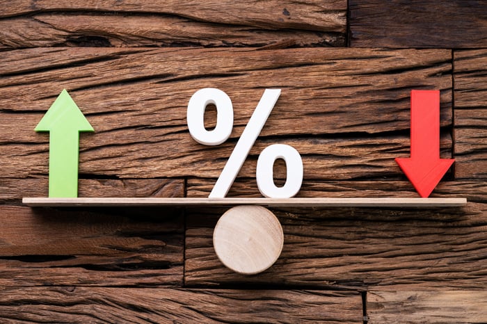 A green arrow pointing up is balanced by a red arrow pointing down.