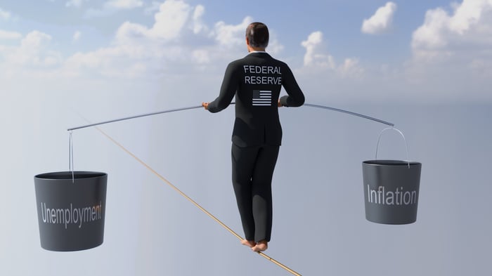 A tightrope walker balancing buckets labeled employment and inflation.