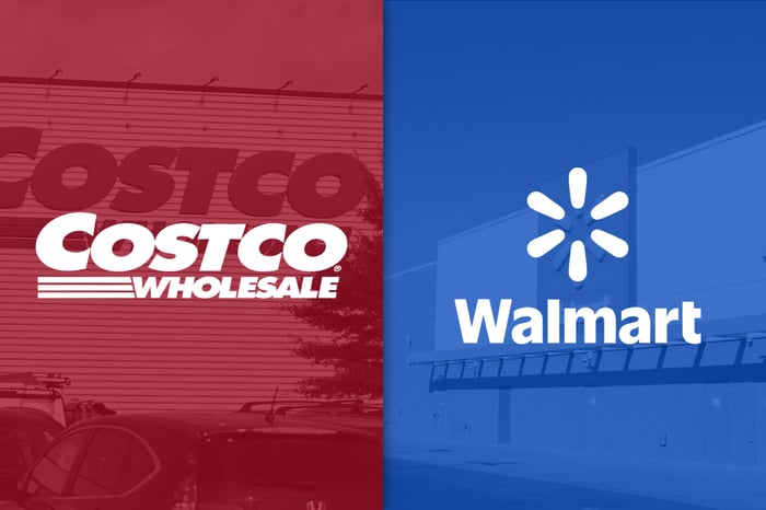 Costco and Walmart company logos.