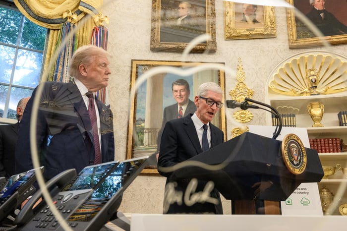 Tim Cook delivering remarks from the Oval Office, while flanked by Donald Trump.