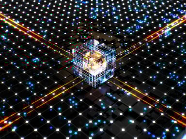 Abstract image showing a cube surrounded by lights on an interconnected circuit board, illustrating the growing importance of artificial intelligence (AI) chips and networking infrastructure.