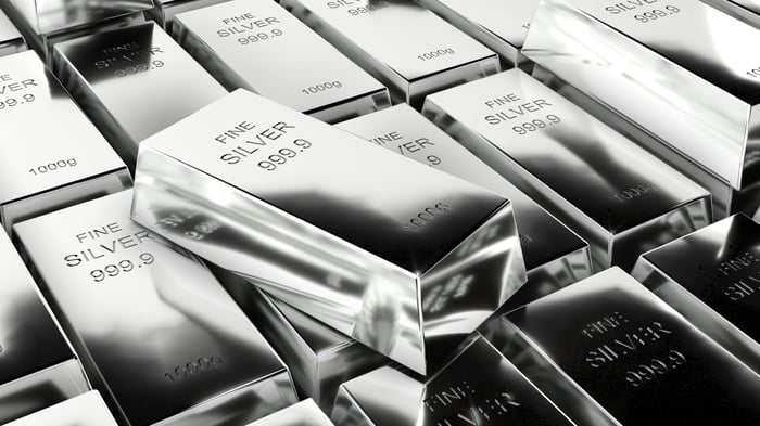Silver bars stacked on top of one another. 
