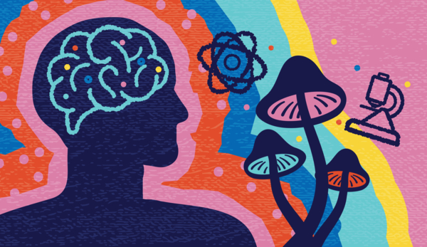 Artist's rendering of mushrooms, a microscope, and the human brain. 