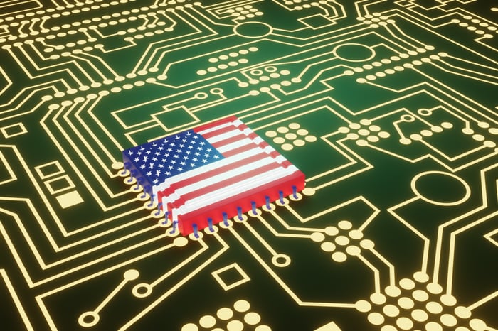 American flag on semiconductor on motherboard. 