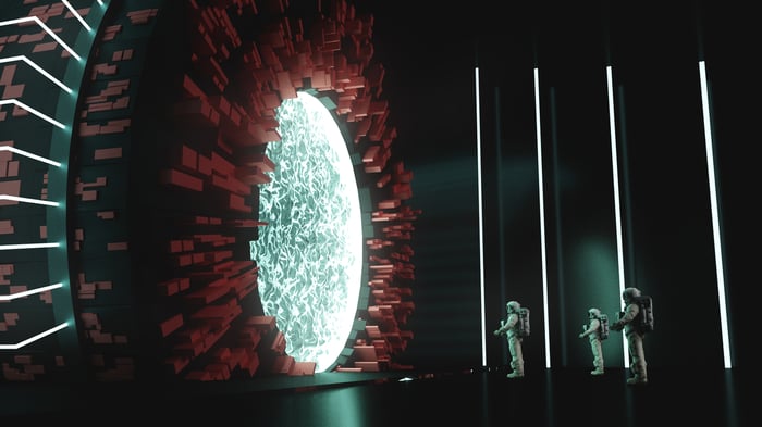 Astronauts entering a time portal.