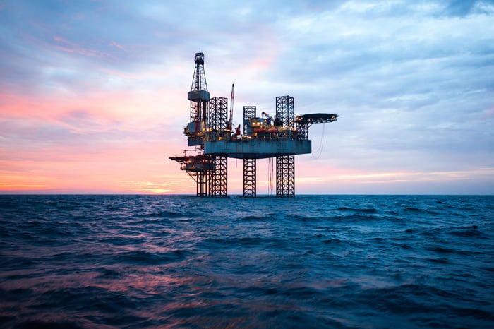 An offshore oil rig.