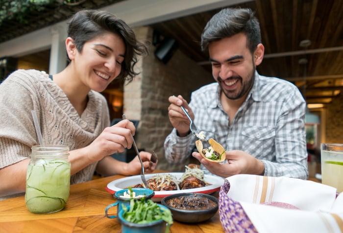 A man and woman eating a meal at a table.