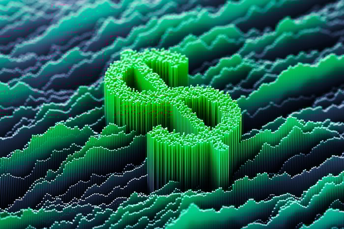 A stylized money sign floating in a sea or price charts.