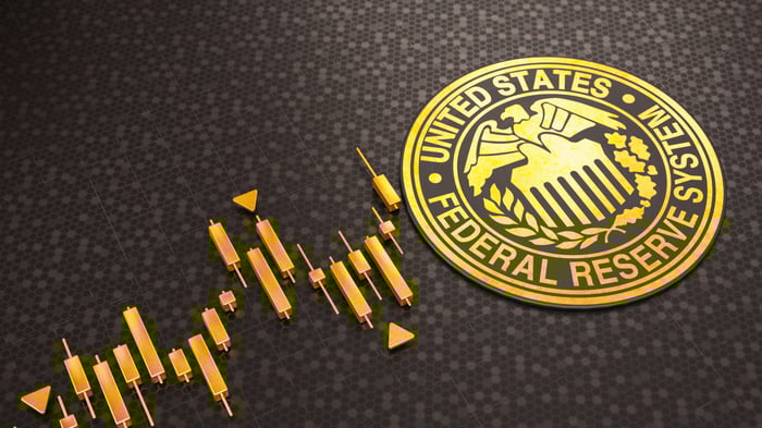 The stamp of the Federal Reserve near a stock chart. 