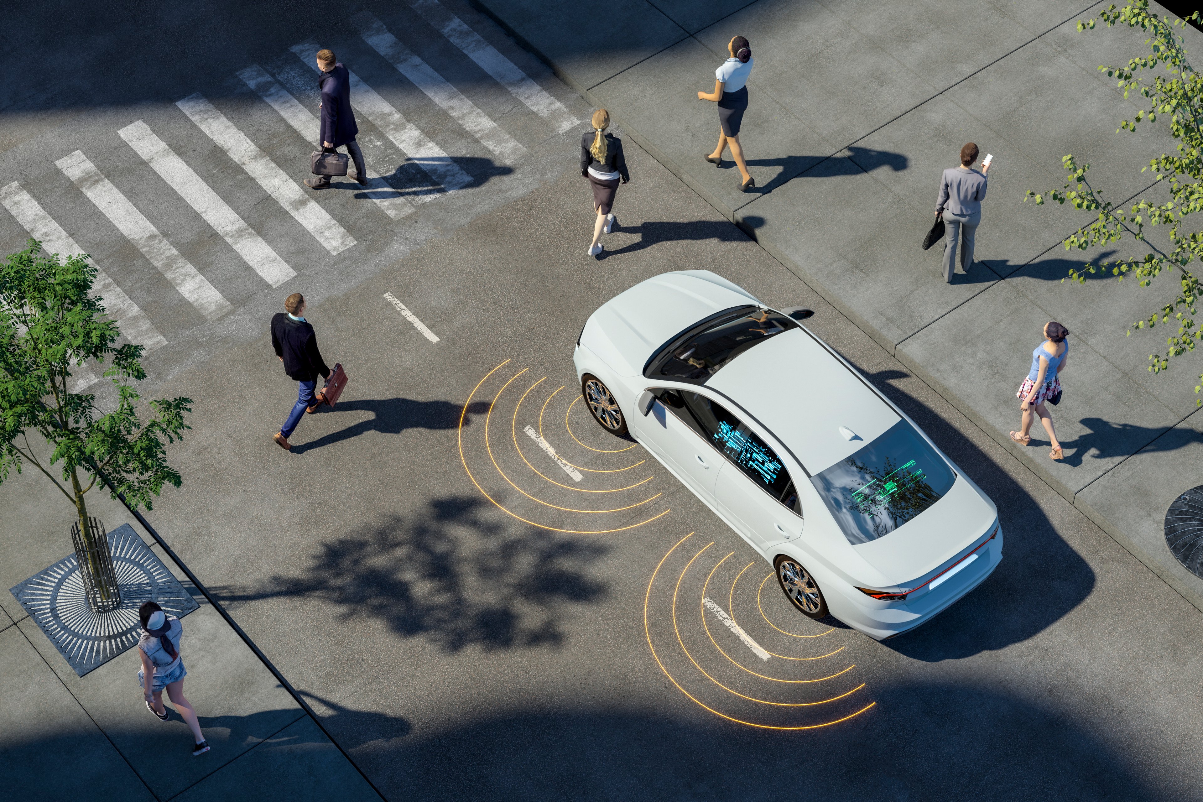 A digital render of a self-driving car stopped at a cross walk surrounded by people