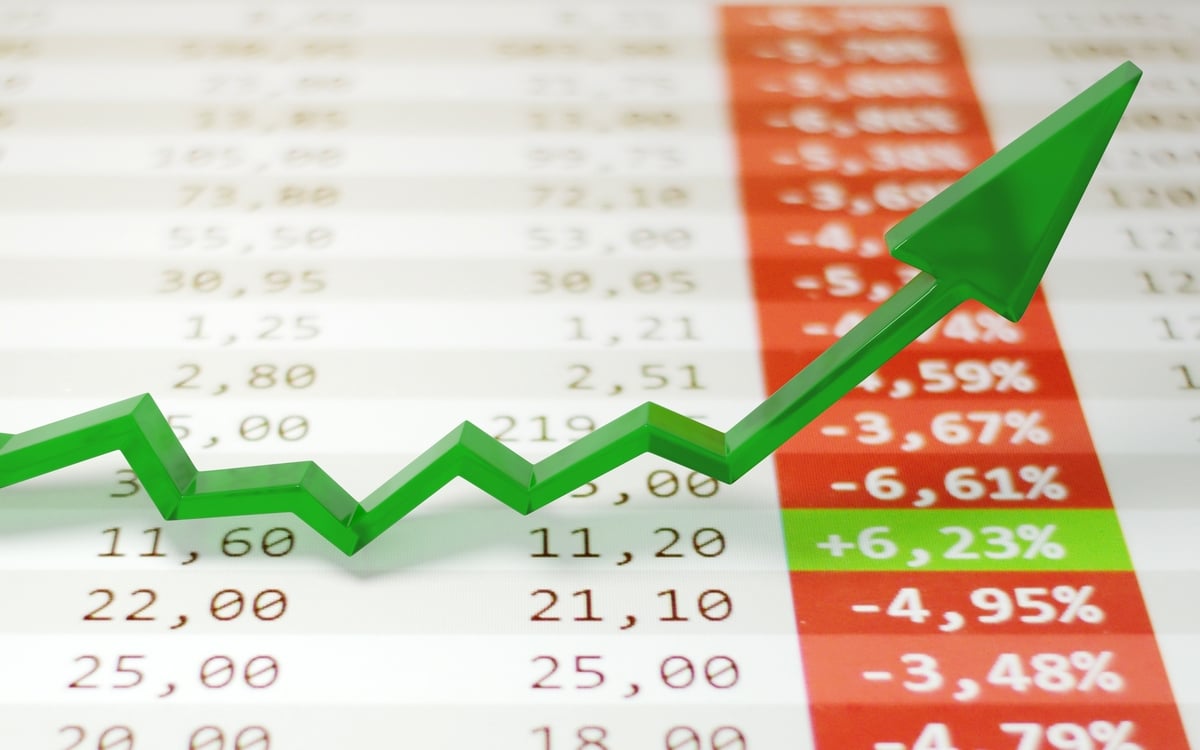 One green arrow sticks out of a list of stock prices that are all red