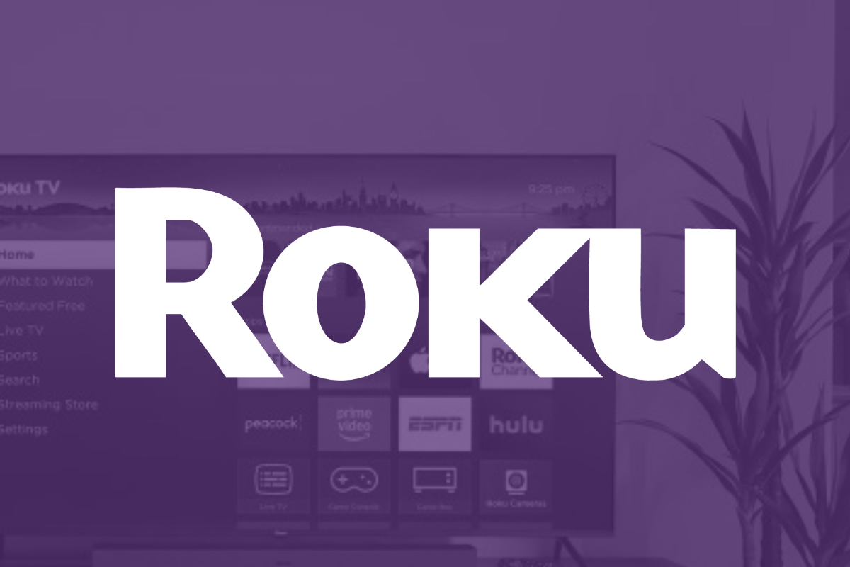 The Roku logo superimposed over a Roku TV in a living room