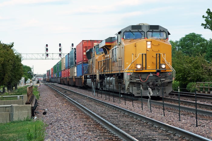 Cargo train on a railroad track.