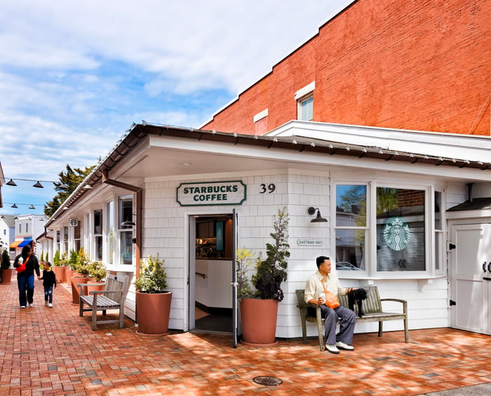 The exterior of the Starbucks Easthampton location.