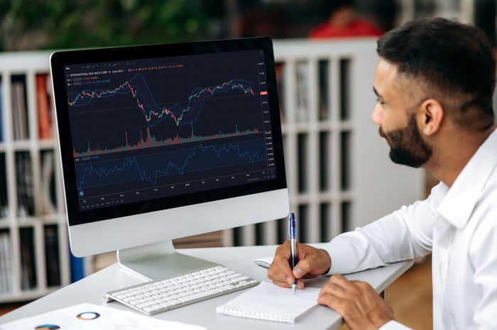 A person at a desk looking at stock data on a computer, and writing down notes. 