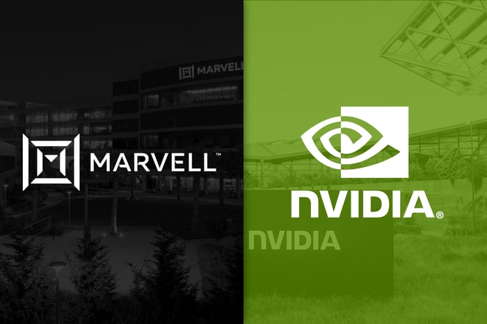 An image with the Marvell Technology logo on the left and the Nvidia logo on the right.