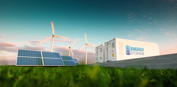 Wind and solar next to energy storage.