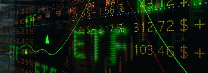 Electronic stock price ticker with the word ETF.
