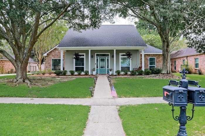 A single-family house facing a nicely manicured lawn.