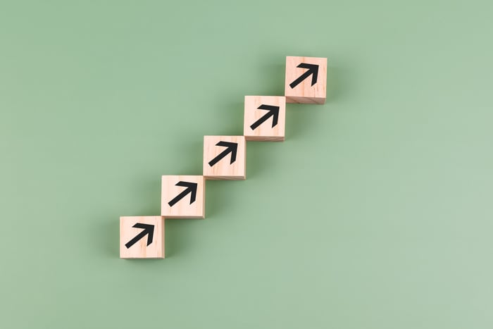 Five wooden blocks with arrows pointing up and to the right form an line that also points up and to the right, while set against a light green background.