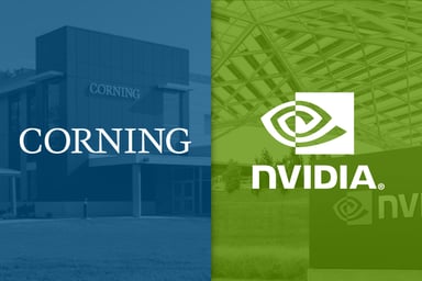 A split image with logos of Corning and Nvidia superimposed over pictures of their respective company headquarters