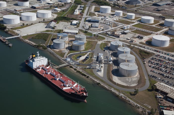 An oil tanker at a terminal
