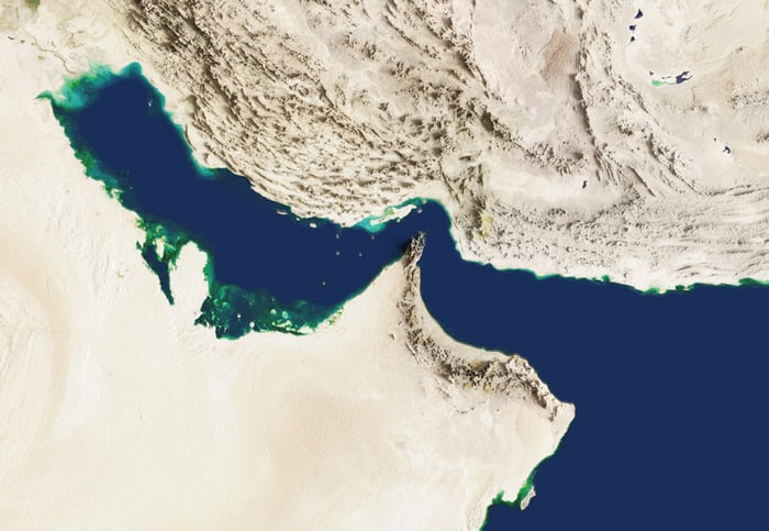 Overhead view of the Strait of Hormuz. 