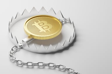 gold Bitcoin with iron trap, Cryptocurrency investment technology digital money risk