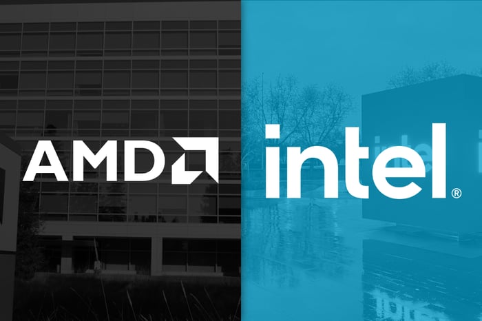 AMD and Intel logos on black and blue backgrounds.