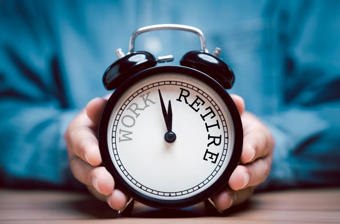 Small clock, with the words "work" and "retire" on the face instead of numbers.