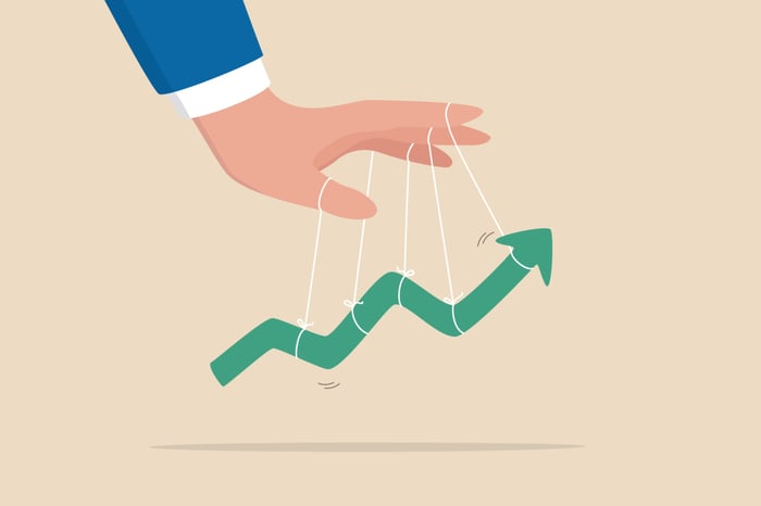 A line graph going up as if held like a marionette.
