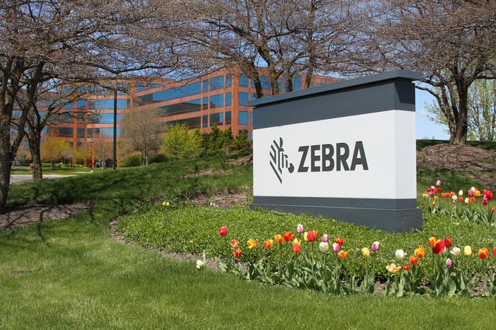 Zebra's logo on a sign outside its Illinois headquarters.