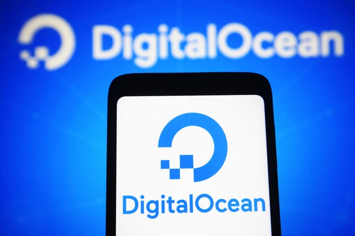 DigitalOcean company name and logo displayed on a smartphone.