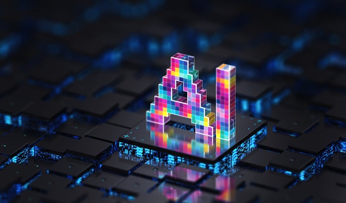 AI chip rendered in multicolored, upright blocks. 