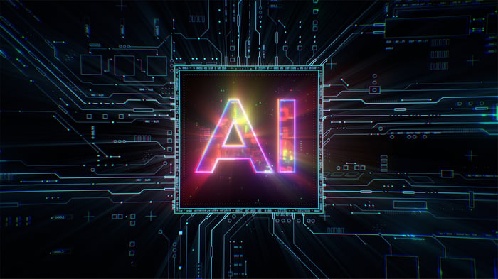 A digital AI chip is illuminated. 