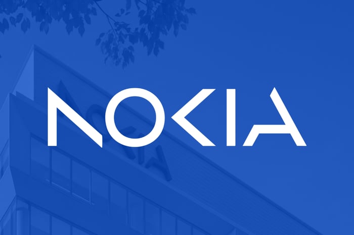 White Nokia logo on a blue background.