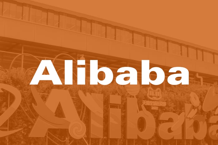 The Alibaba logo against an orange background.