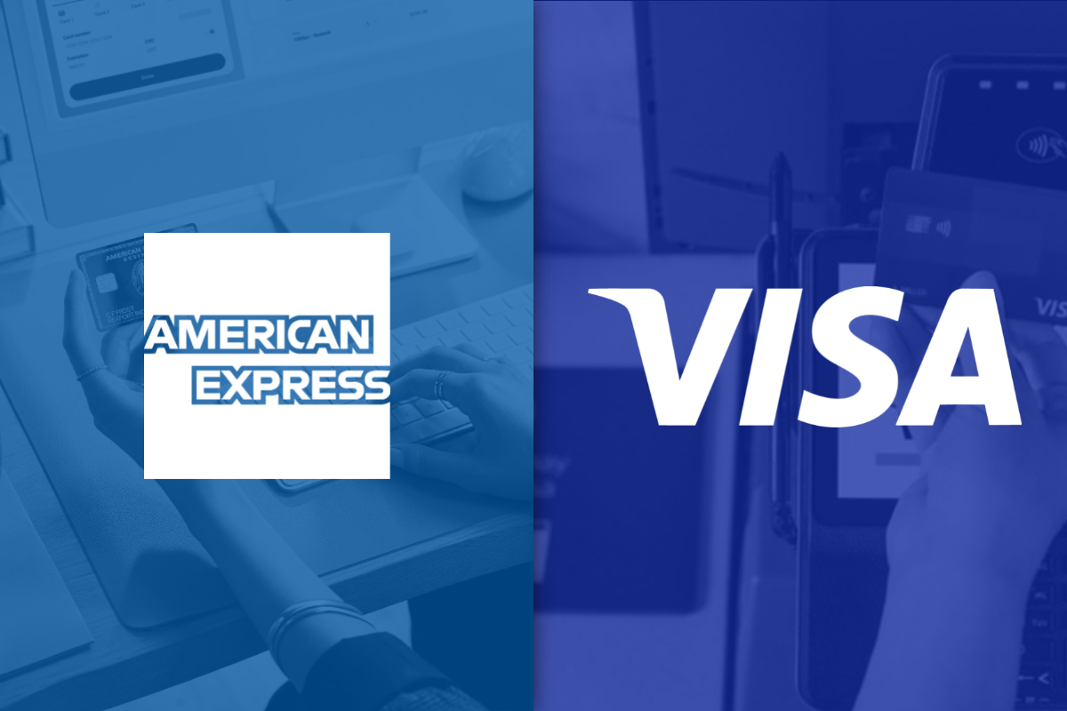 American Express logo on left with credit card in background and Visa logo on right with checkout in background_ The Motley Fool