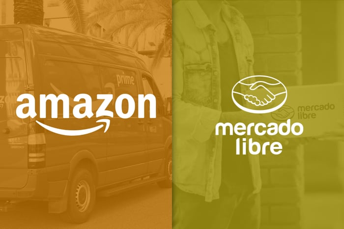 Amazon and MercadoLibre logos over company images.