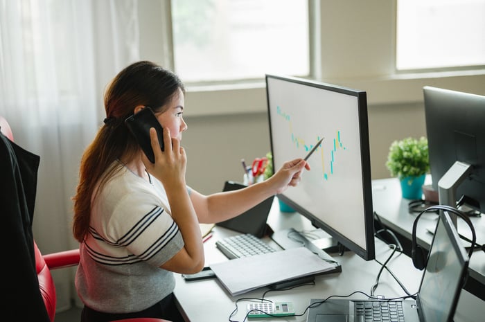 Person on phone, pointing to chart on computer screen.