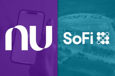 Nu logo on purple filter on left and SoFi logo on teal filter on right_The Motley Fool