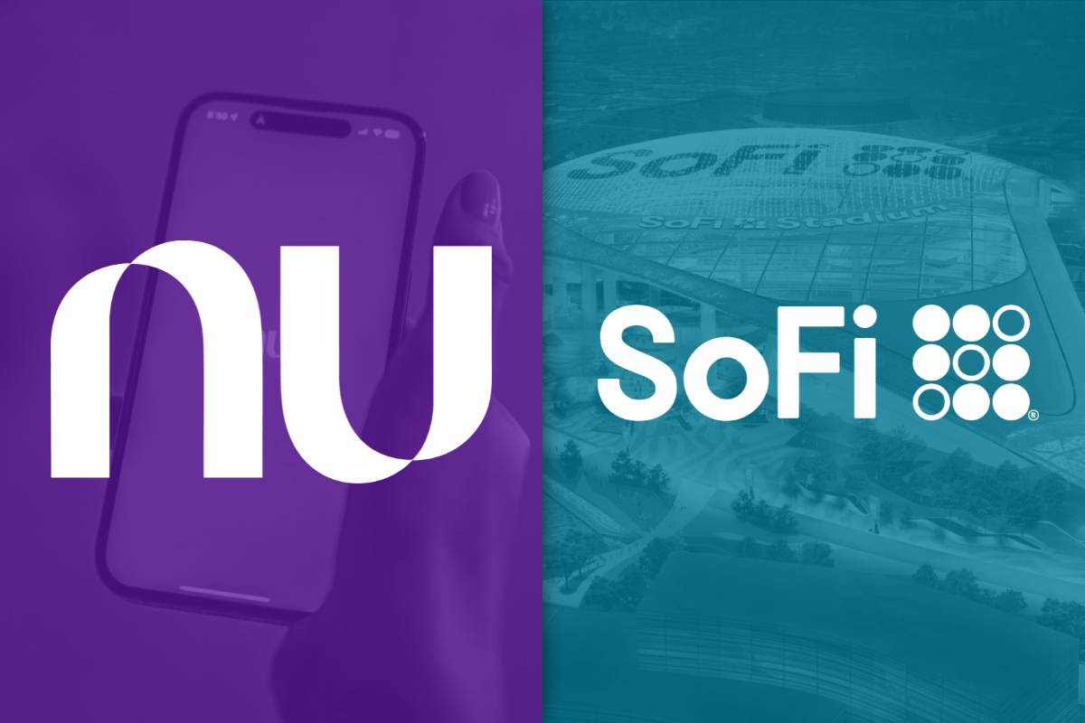Nu logo on purple filter on left and SoFi logo on teal filter on right_The Motley Fool
