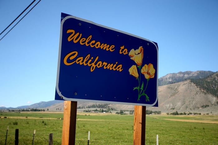A sign reads "Welcome to California."