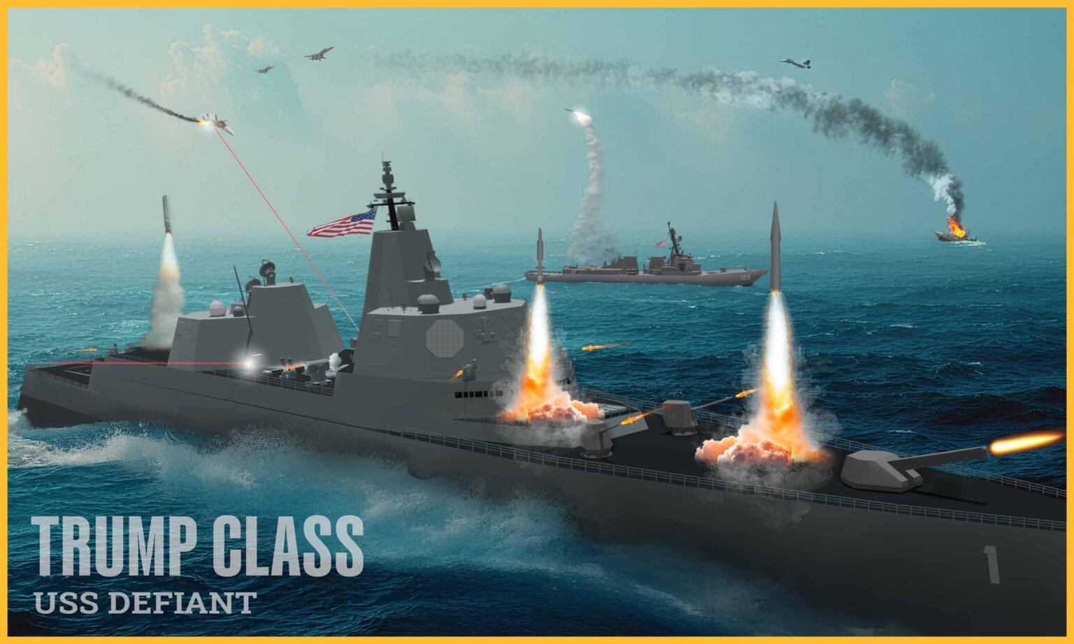 Artist's conception of the USS Defiant battleship. IS U.S. Navy.