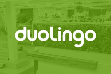 The Duolingo logo on a green translucent background