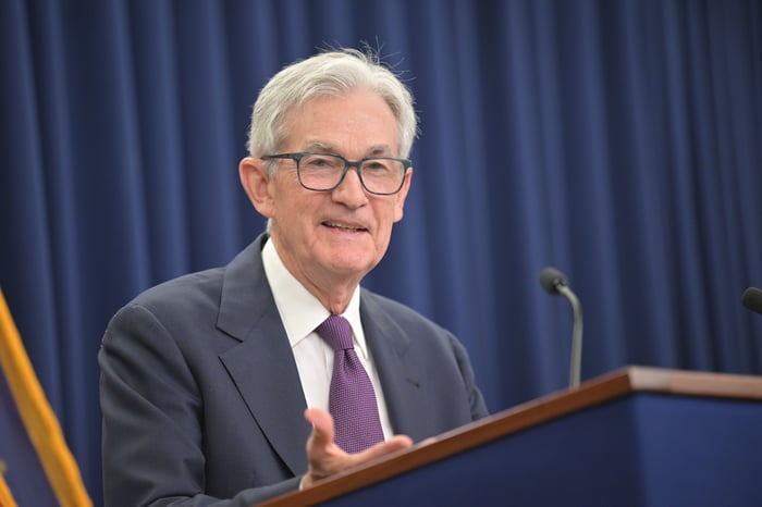 Jerome Powell speaking with reporters following a Federal Open Market Committee meeting.